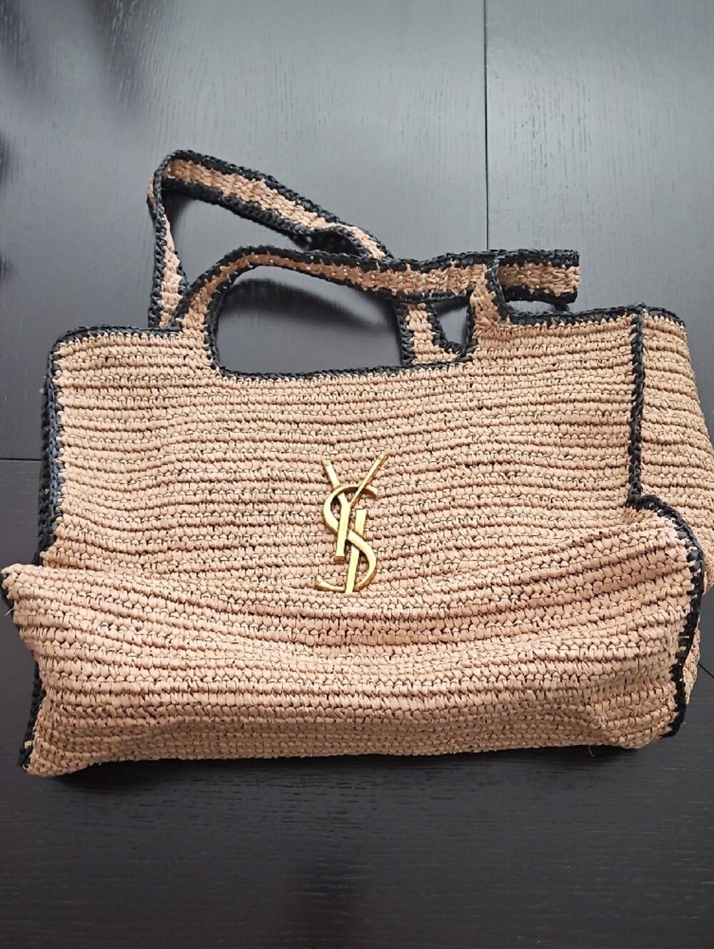 Raffia Satchel Tote in Tan with Black Trim and Gold Logo-Designer Inspired - Picture 9 of 10